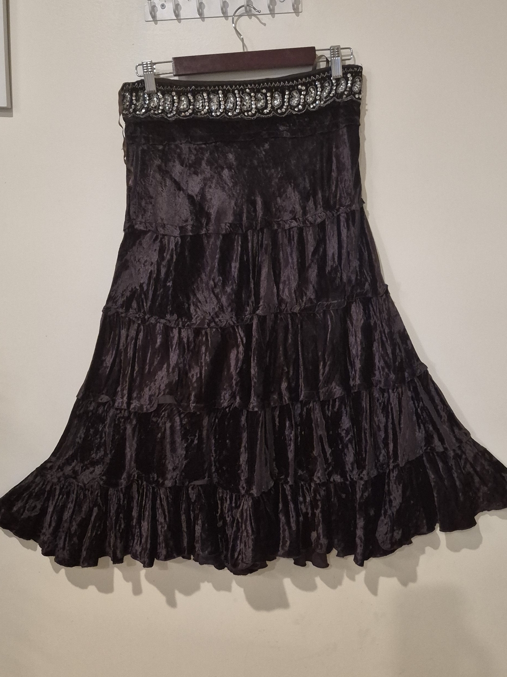 Tiered Velvet Brown Velvet Skirt with Embellished Waist